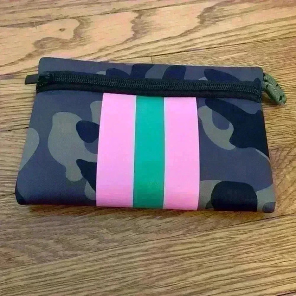 Haute Shore Neoprene wristlet pouch, green camo with pink and green stripe - Picture 1 of 5